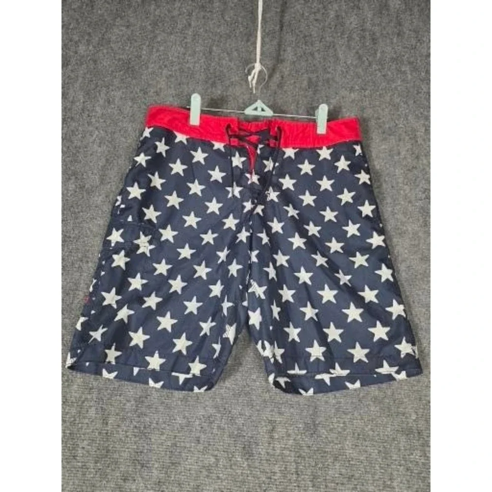 Old Navy Mens Star Print Board Shorts Ink Blue Red 4th of July Swim Trunks‎ Sz M